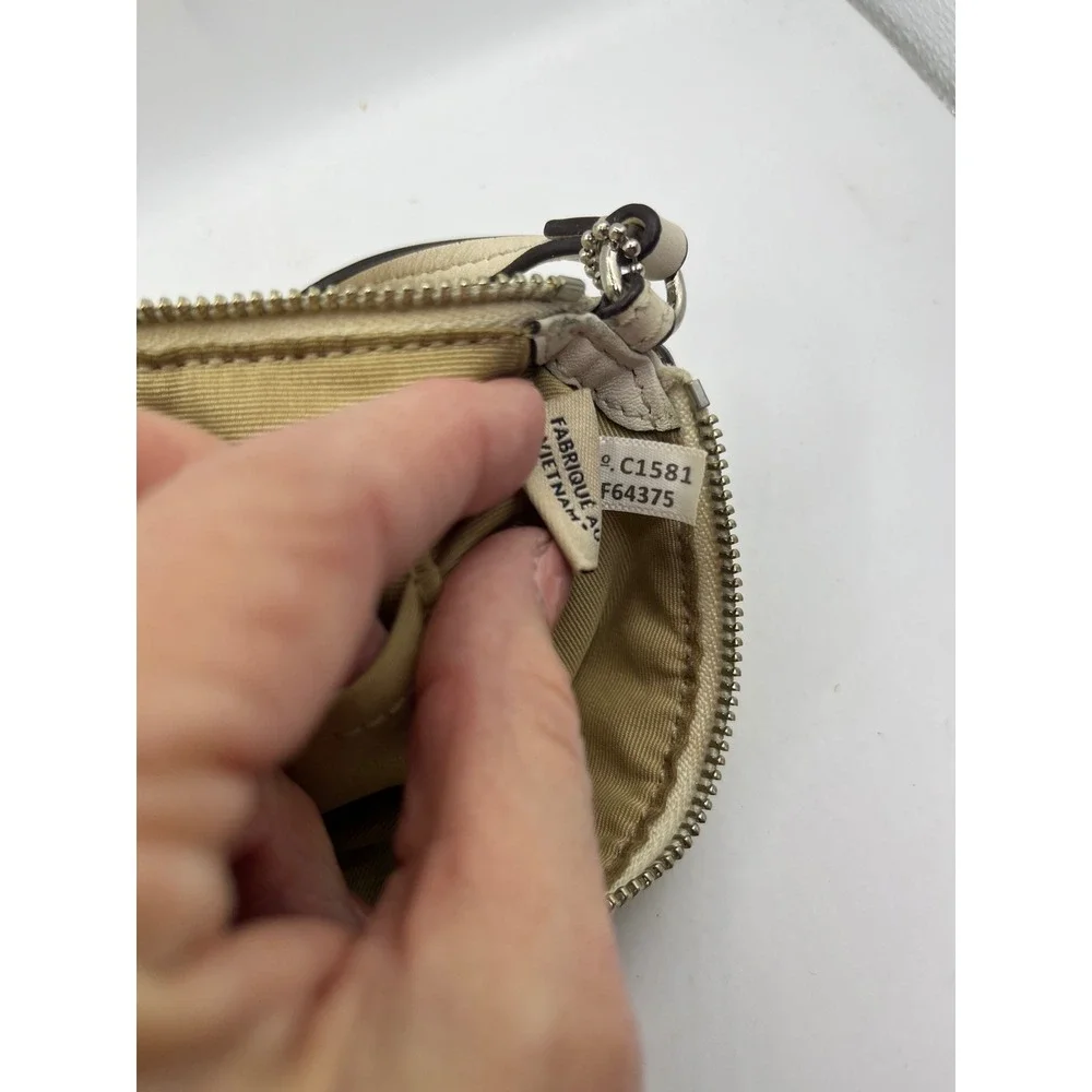 Coach Signature Canvas‎ Wristlet Pouch Beige Tan Leather Trim Charm